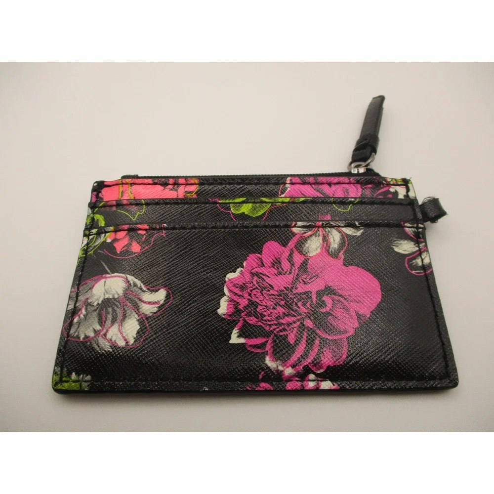 Victoria's Secret Floral Card Case Wallet Black Pink Green Zippered‎ Card Holder